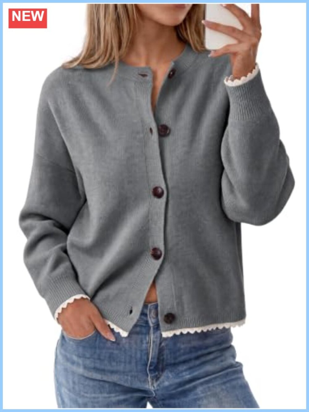 Lace Trim Cardigan Sweater with Removable Scarf Button Down Knit